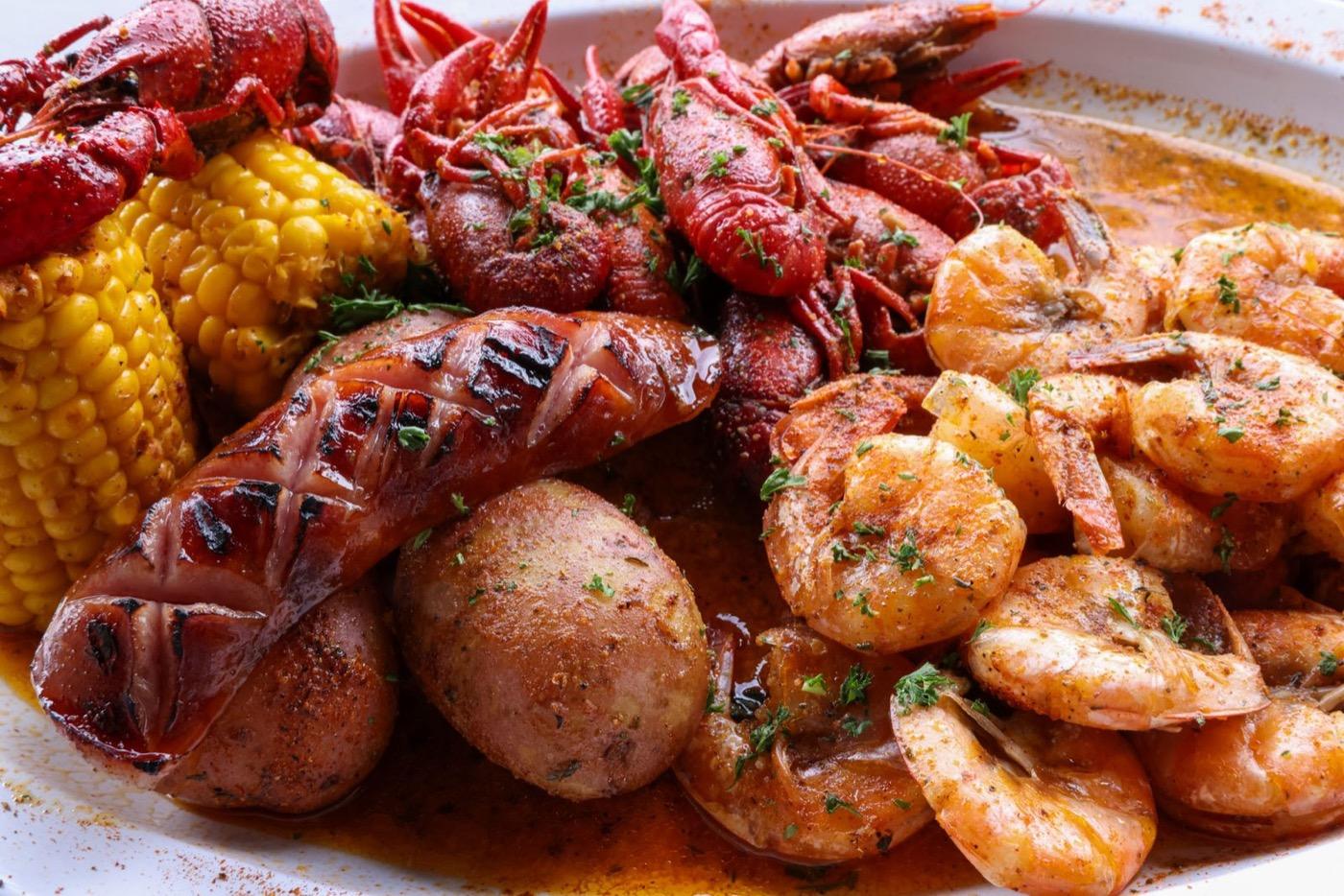 A close-up of a Louisiana crawfish boil